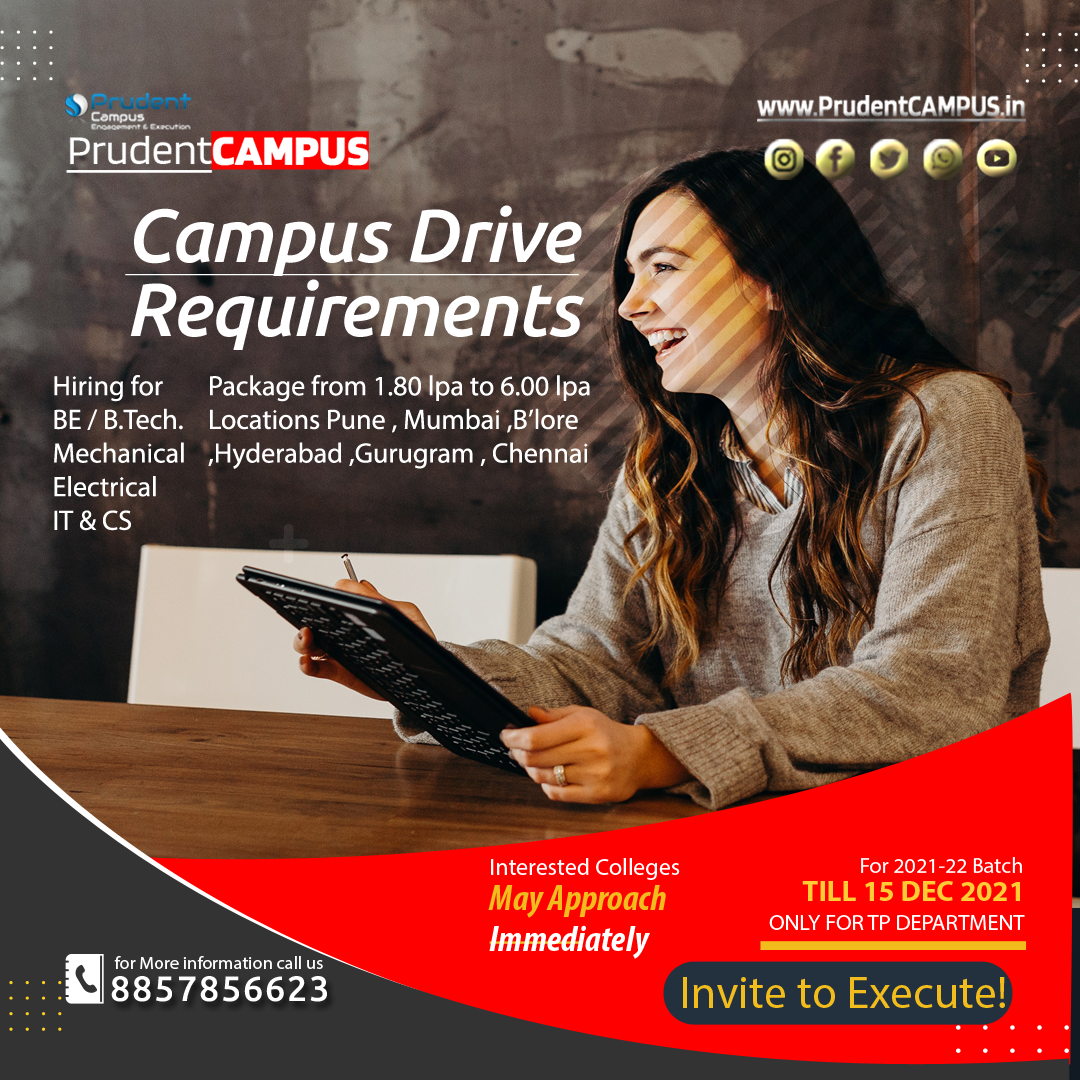 PrudentCAMPUS est. in 2015; is an Excellent Campus Placement service provider during the convid19 epidemic and along with free job listing and recruitment support for trained candidates. The portfolio listed more than 100 corporate clients with 50 independent Technical Training institutes and colleges across the country.Proudly have two centers for training, learning and technology development.