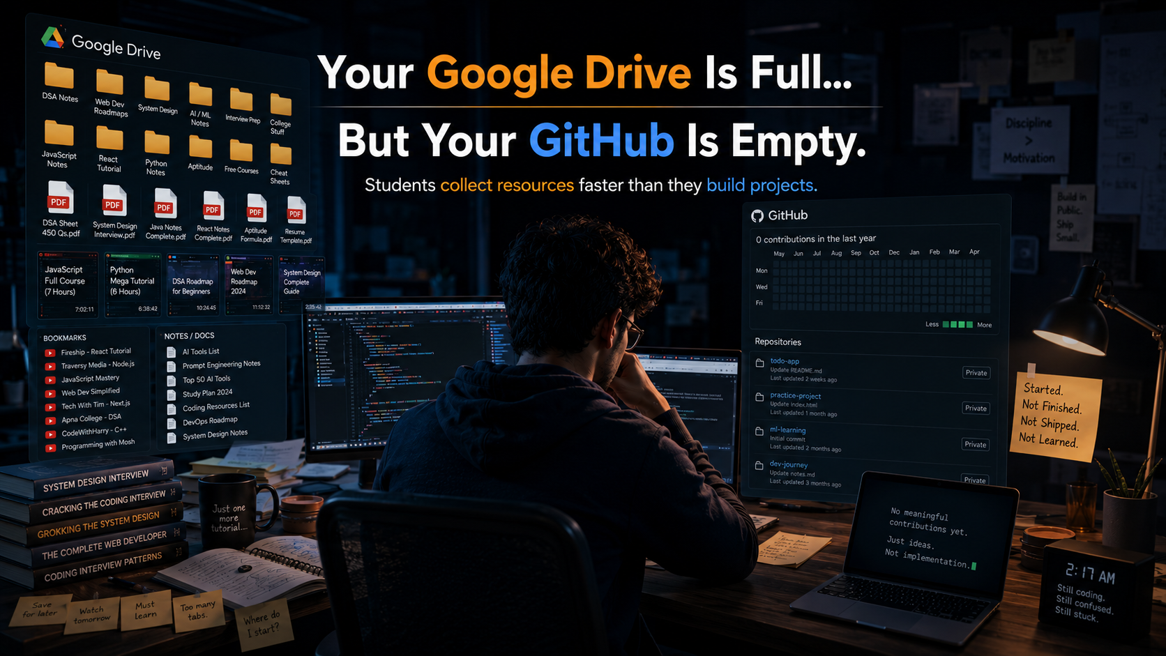 Engineering student with full Google Drive folders and empty GitHub contribution graph – PrudentCampus Aurangabad
