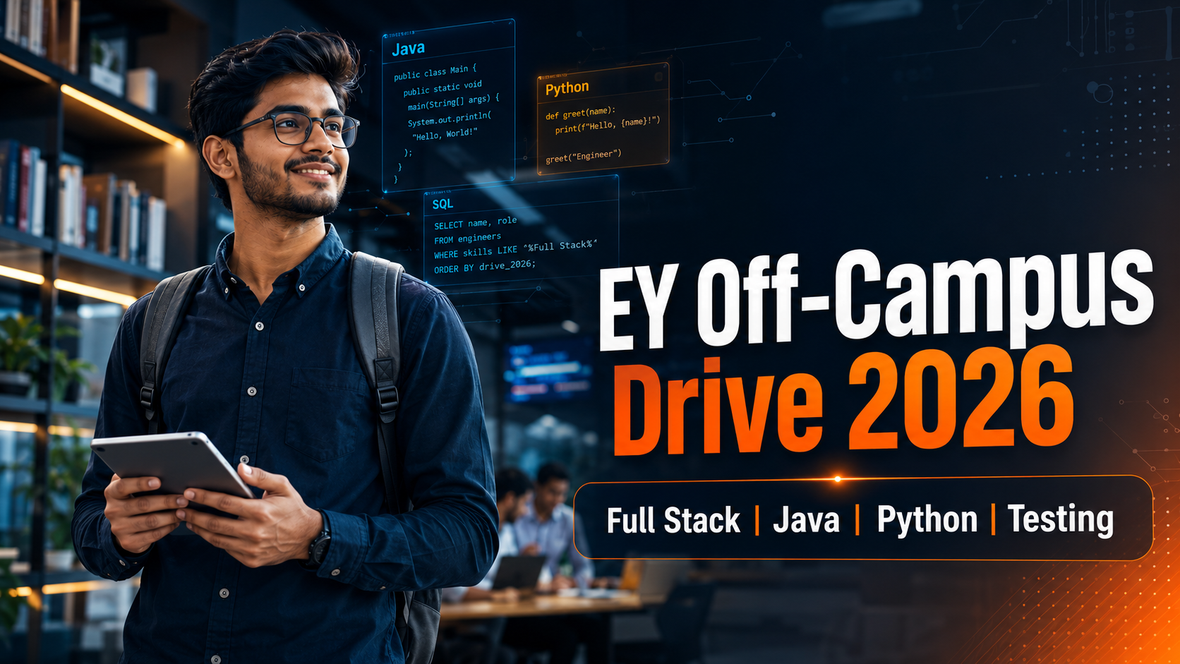 EY off campus drive 2026 for engineering students – Full Stack, Java, Python and Testing jobs for freshers